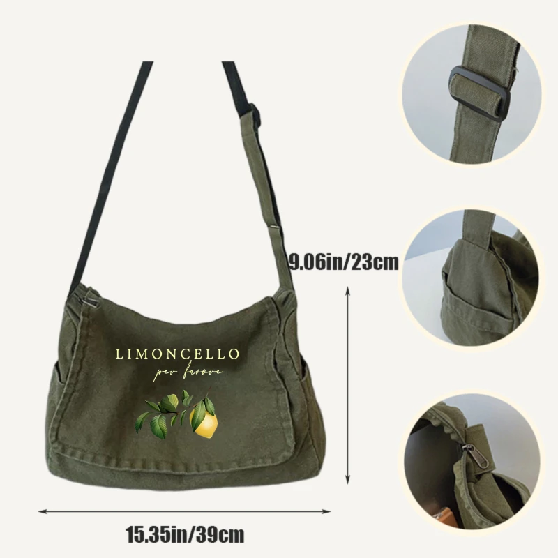 Women's Crossbody Bag Vintage Canvas Large Capacity for Daily Use Shoulder Bag Lemon Print Messenger Bag