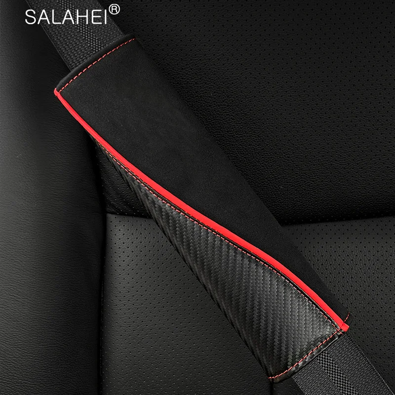 

2/4PC Suede Carbon Fiber Pattern Car Safety Seat Belt Shoulder Pad Cover Roof Handle Pull Gloves Protection Embroidery Accessory