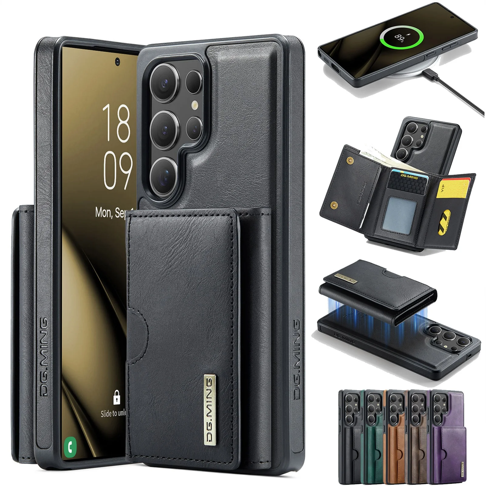 Magnetic Leather Wallet Phone Case with Detachable Flip Card Holder