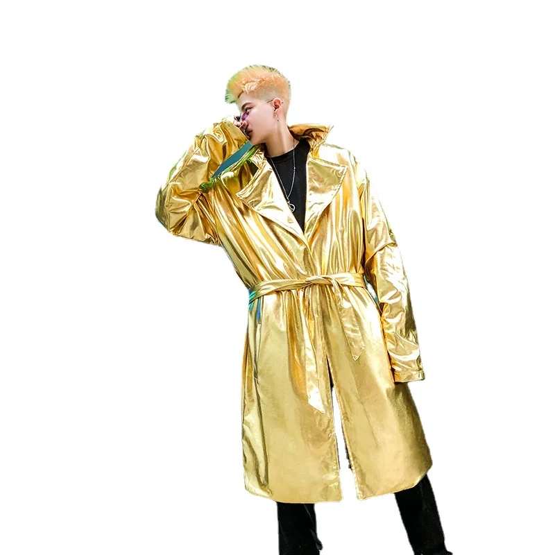 Hip Hop Harajuku Streetwear Reflective Mens Shiny Gold Trench Coat Nightclub DJ Dancer Stage Performance Glossy Windbreaker