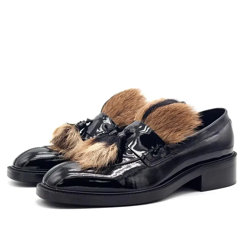 High Quality Men Dress Shoes Genuine Leather Luxury Fur Tassels Mens Business Casual Formal Shoes Black Slip-On Footwear Man
