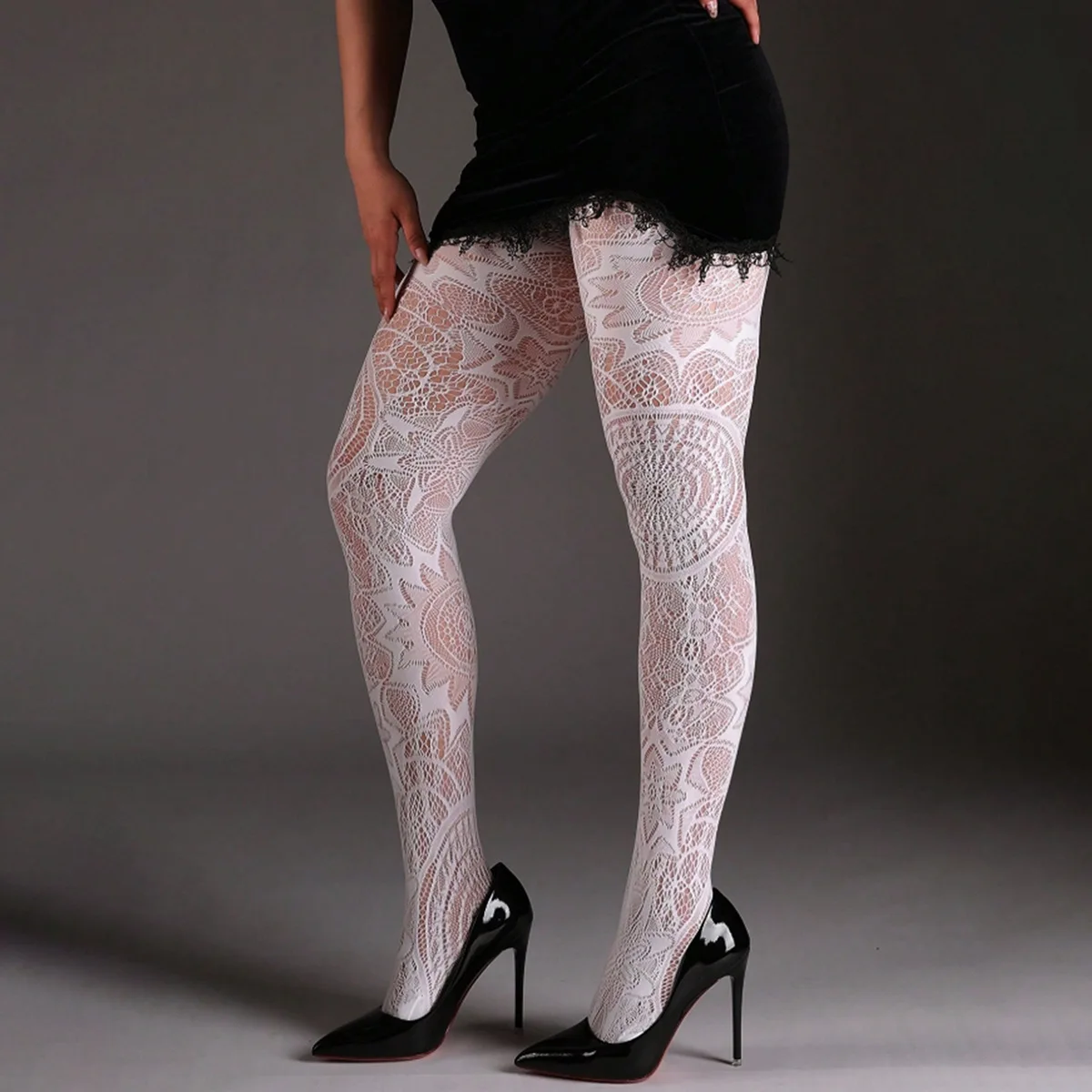 Schwarz Sexy Mädchen Netzstrümpfe Spitzenstrümpfe Jacquard Hohl Gothic Punk Lolita Strumpfhosen Höhlte Dünne Punk Retro Strumpf – Detail 9