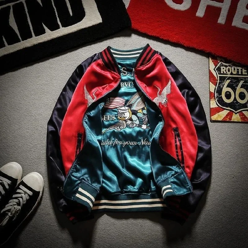 

Embroidered Baseball Uniform Men's Bomber Jacket Satin Coat Reversible Top Streetwear Brand Spring Autumn School Y2K New