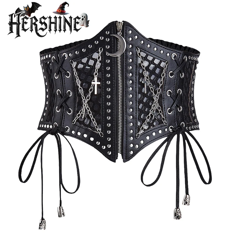 Ensemble 1 pièce de chaîne croisée en maille creuse noire pour femmes, accessoires métalliques croisés décorés de ceinture de taille de style punk foncé