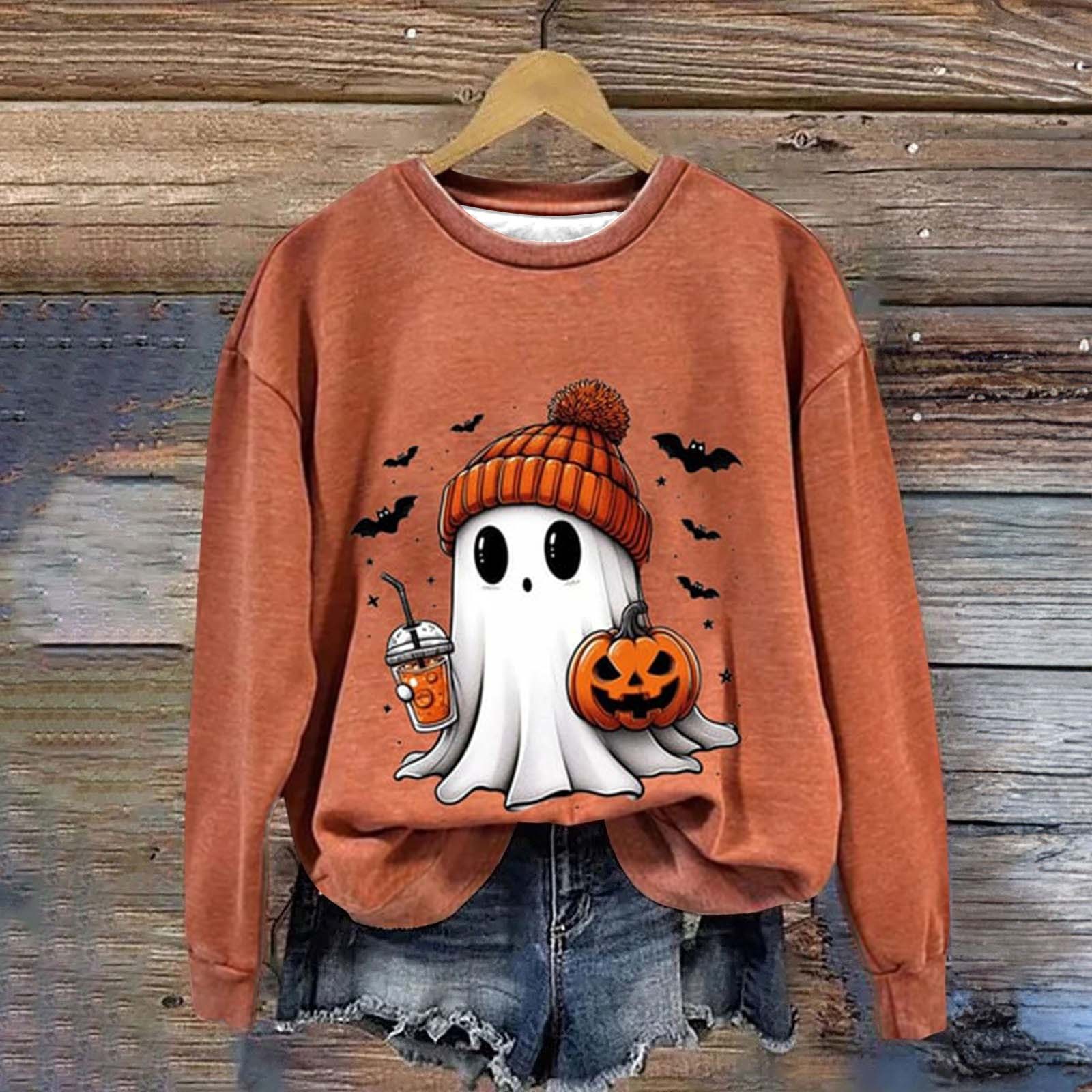 Women'S Fashion Casual Halloween Printed Round Neck Long Sleeve Top Hoodless Sweatshirt Lovely Big Eyes Ghost Print Pullover