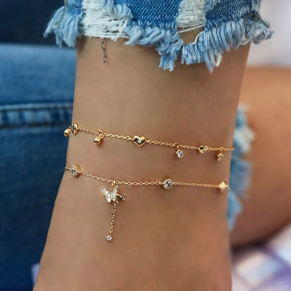 Butterfly Anklet for Women Fashion Girls White Pendant Anklet Gold Chain Bracelets Chain Bohemian Adjustable Handmade Foot Hand Jewelry Gift for Girls