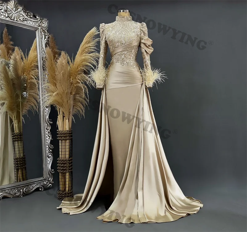 

Champagne Hijab Muslim Evening Dresses Long Sleeve Satin Beaded Feather Islamic Formal Party Gown Arabic Kafatn Robe De Soiree
