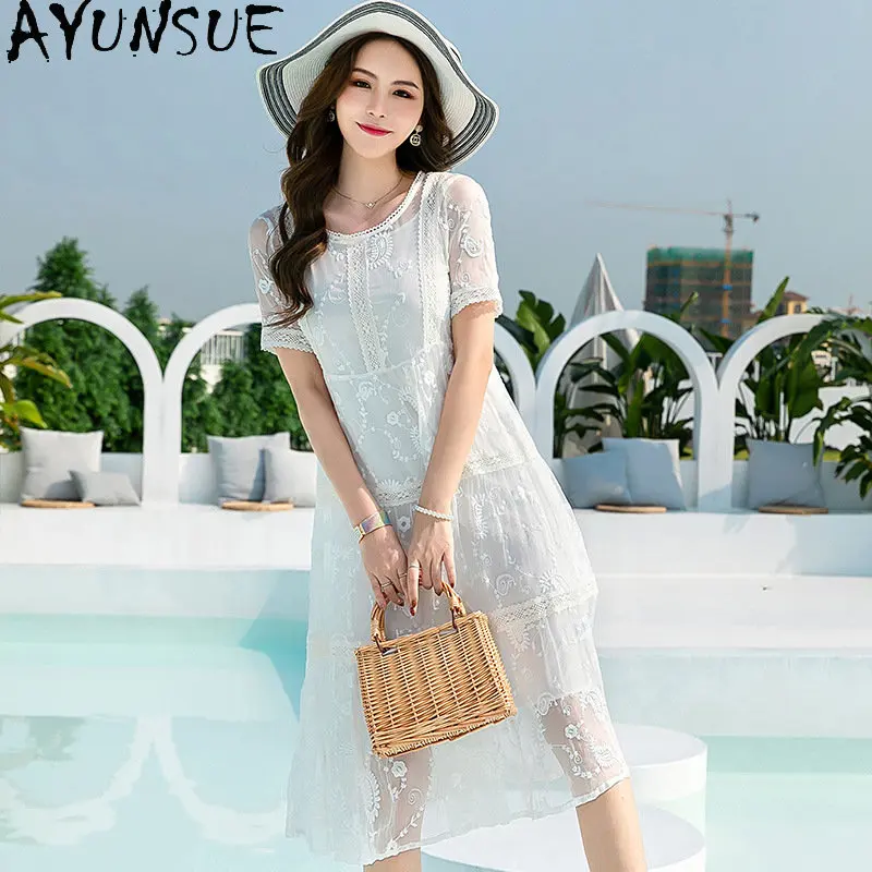 

Korean Embroidery White Dress for Women 2023 100% Mulberry Silk Dress Summer Fairy Long Dresses Women's Clothing Ropa De Mujer