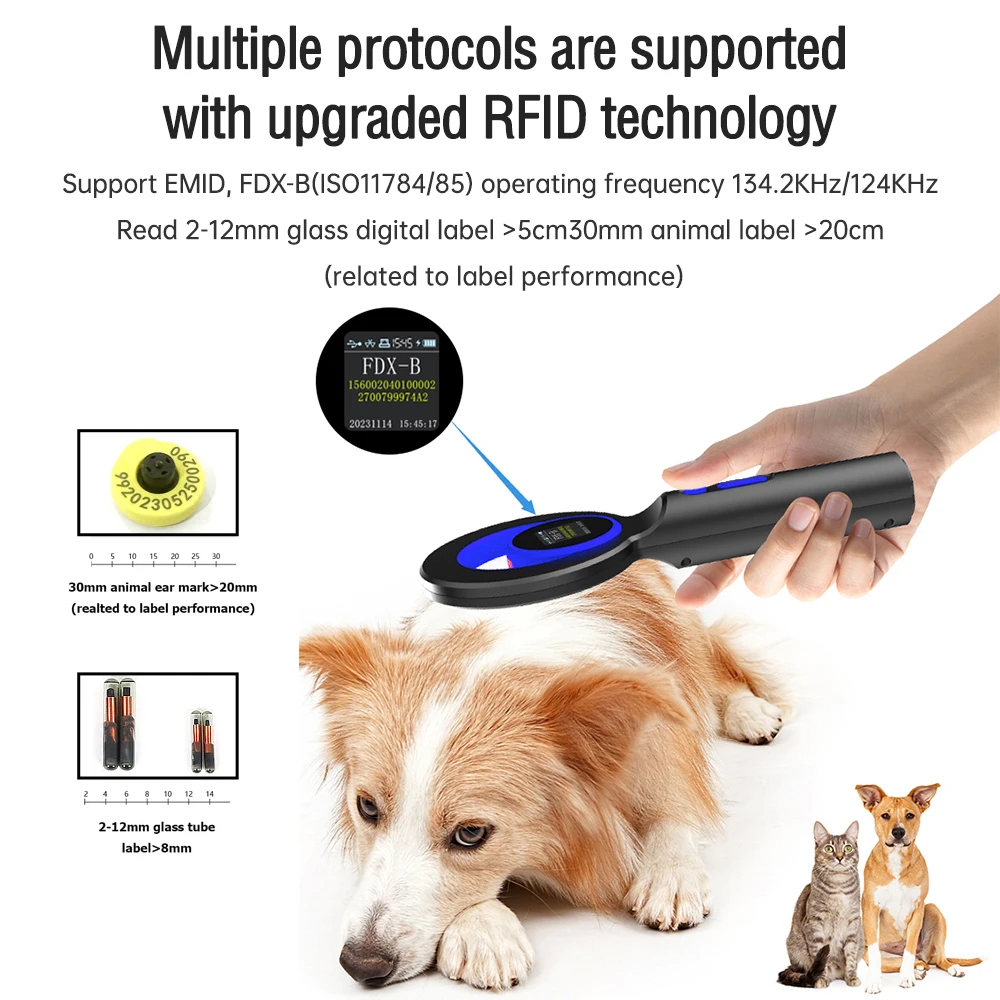 Animal Microchip Pet Tag Scanner ID Reader RFID Animal Labels Handheld Reader BT+USB+2.4G 240pcs Informations Storage Function