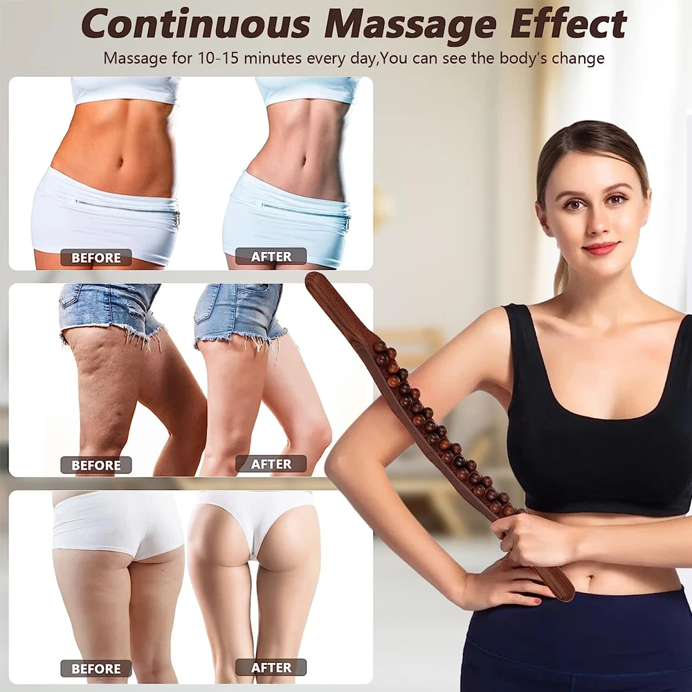 Guasha Wood Stick Tool Wood Therapy Massage Tool for Body Shaping 31 Beads Back Massage Roller Stick Lymphatic Drainage Massager