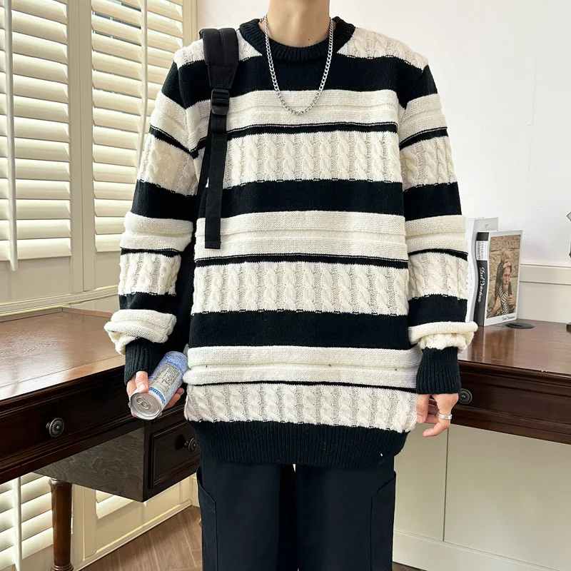 Autumn Winter Men's Half High Necked Loose Sweater Color Matching Knitted Sweater Casual Warm Bottoming Shirt