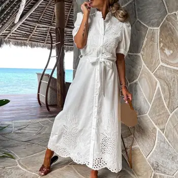 Lace-up Women Shirt Dress 2024 Summer Elegant Single Breasted Puff Sleeve Maxi Dress Vestidos Bohemian Sundress Party Robe 2