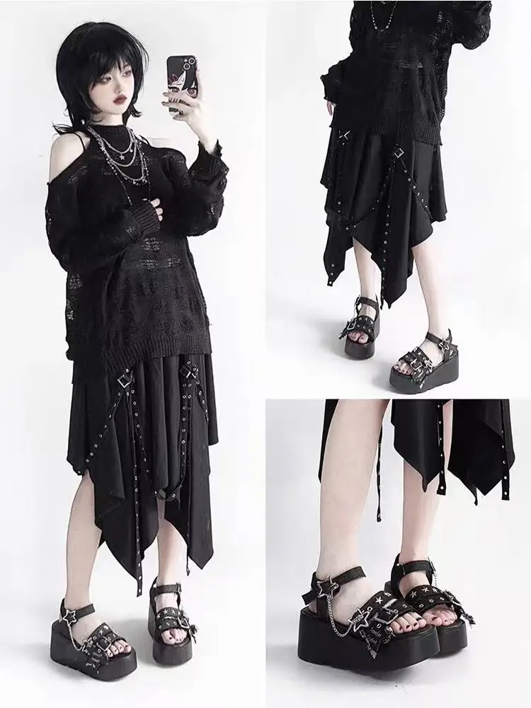 Black Denim Chunky Platform Sandals Women 2025 Summer Y2K Star Ankle Buckle Wedge Sandals Woman Punk Thick Bottom Gothic Shoes