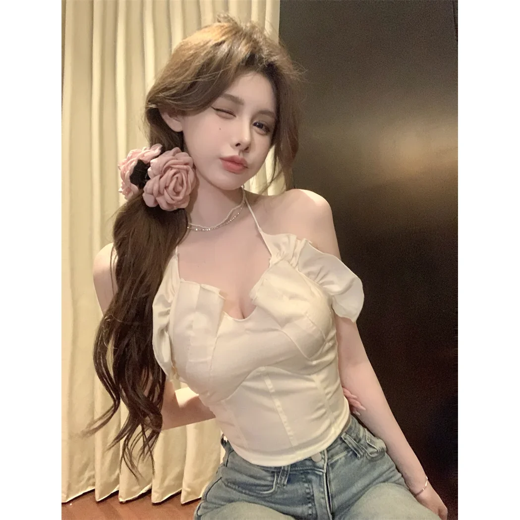 

Camisole undershirt female Korean pure desire atmosphere sense ruffles splicing v-neck hanging neck summer sexy waistshortblouse