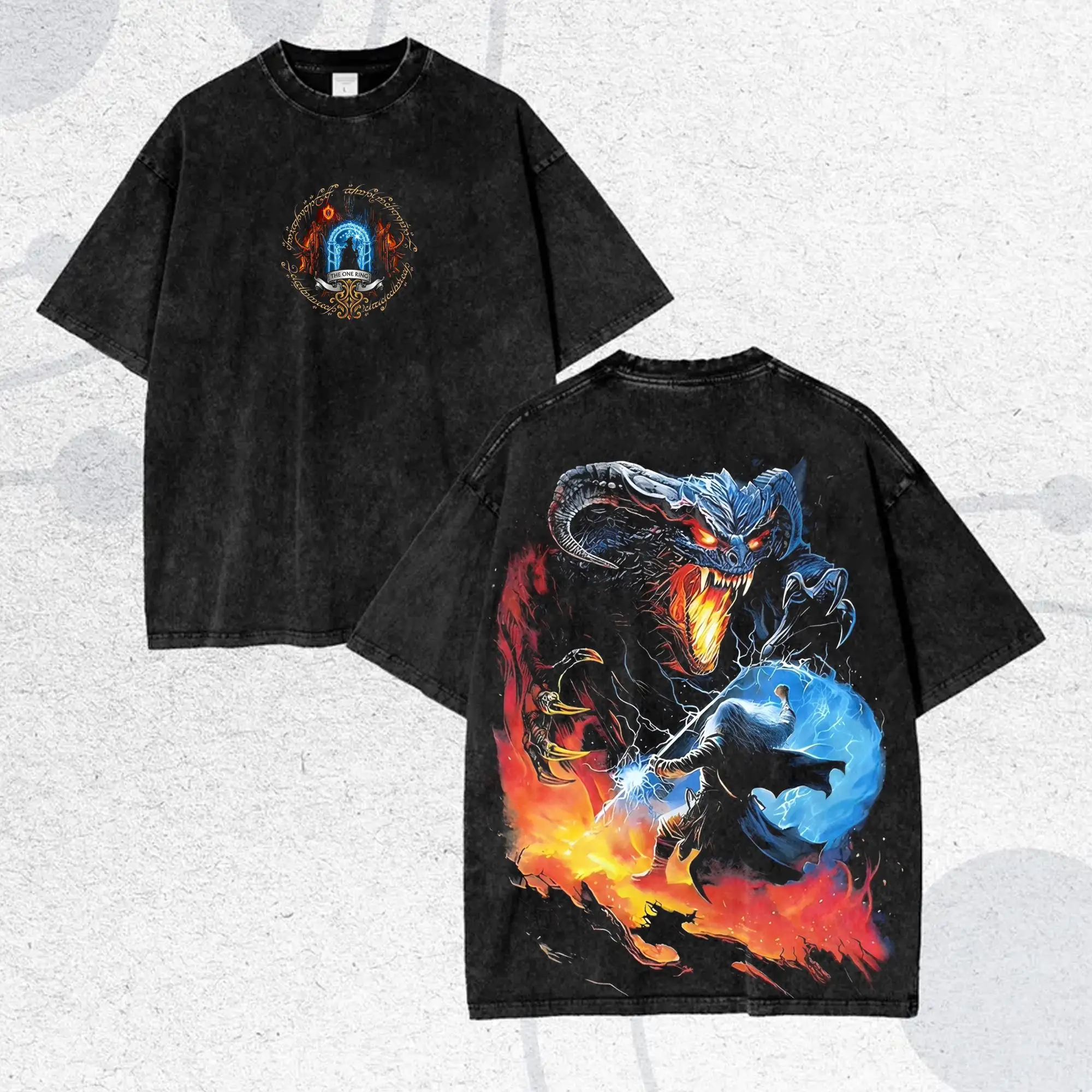 Balrog Vintage Washed Shirt Fantasy T-Shirt Oversized Herren Damen Film-Fan-Geschenk Kurzarm Street Hip Hop Damen Herren Kleidung