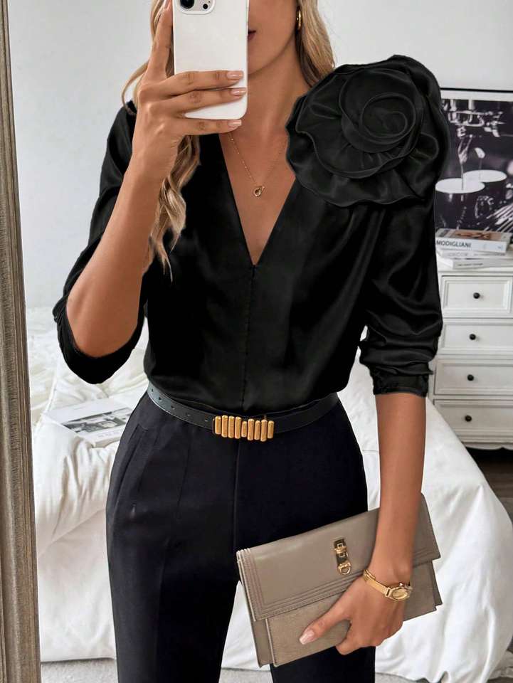 Three-dimensional floral V-neck Shoulder pleated long sleeves clean satin shirt