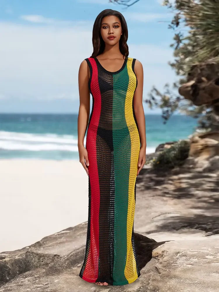 

Sexy High Cut Striped Knitted Hollowed Out Vest Dress 2024 Summer Bohomian Beach Vacation Women Outfit Maxi Dresses Q1629