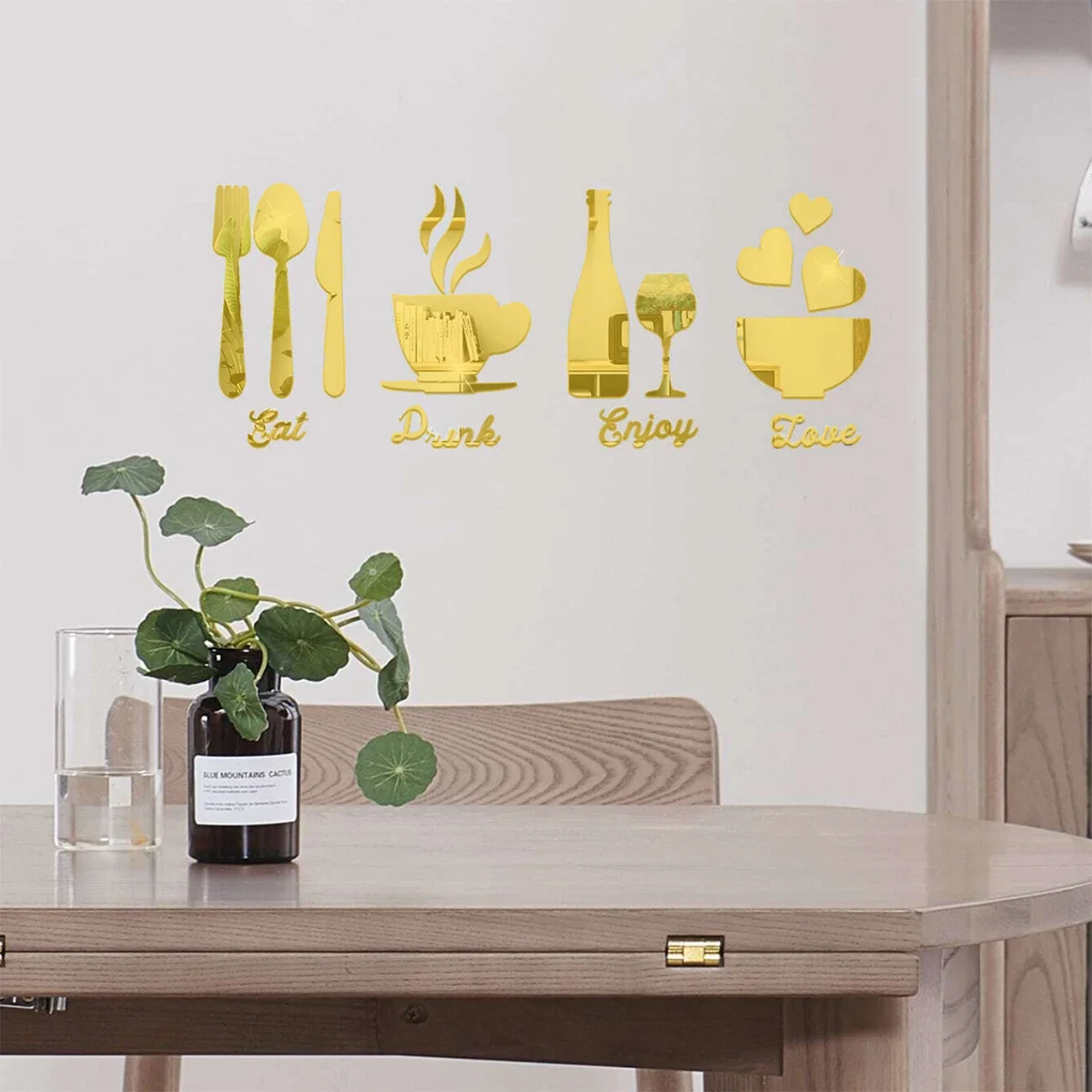 Coffee Cup Wine Bottle Fork Spoon Knife Acrylic Mirror Surface Wall Stickers Kitchen Home Decor Peel & Stick Wall Art Decals