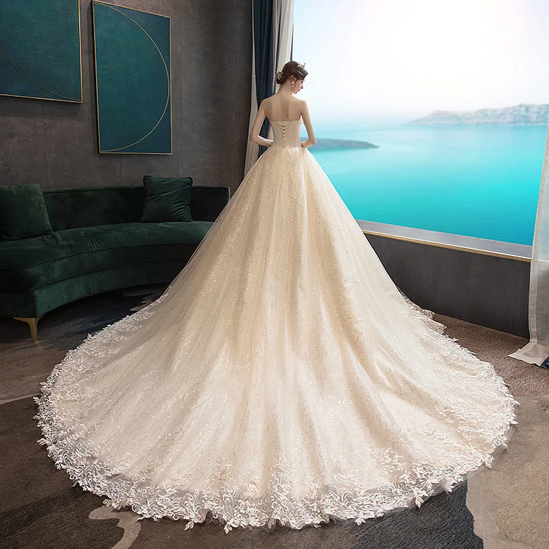 Customized Classic Strapless Bridal Dress Shiny Sequin Tulle Wedding Gowns For Bride Lace Applique Sukienki Na Wesele Damskie 4