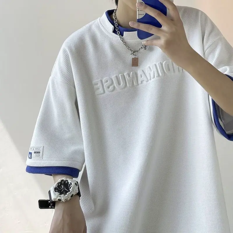 

Waffle fake two-piece short-sleeved men's summer loose round neck T-shirt ins trendy label simple half-sleeved couple T-shirts