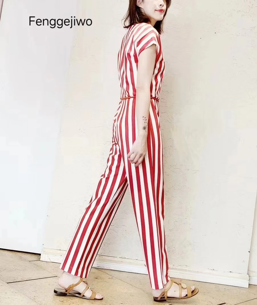 Fenggejiwo women's V-neck vertical stripe tie up jumpsuit