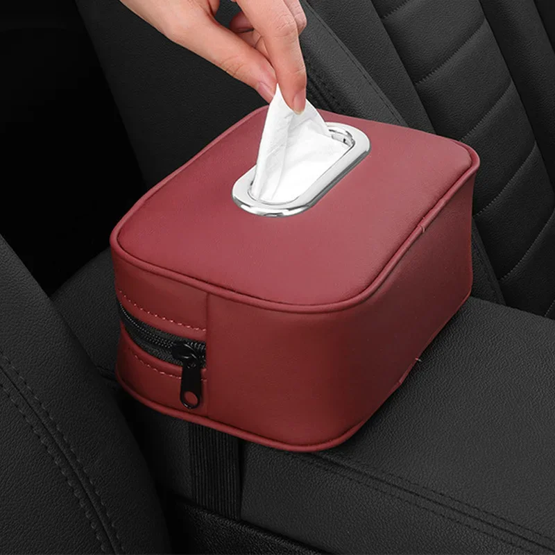 Car Tissue Box Holder Nappa  Leather Car Center Console Armrest Napkin Box Sun Visor Backseat Tissue Case with Fix Strap