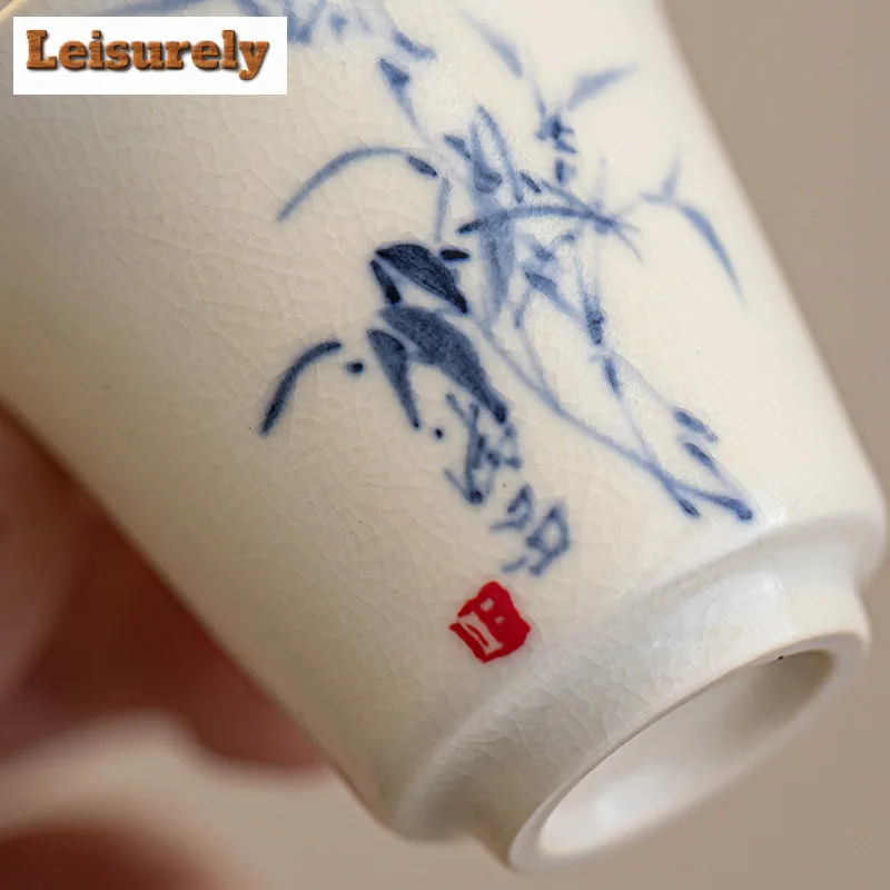 2pc/lot Hand-painted Bamboo Leaf Teacup Zen Soda Glazed Tea Bowl Tea Cup Set Mini Smelling Cup Chazhan Master Cups Teaset 45ML