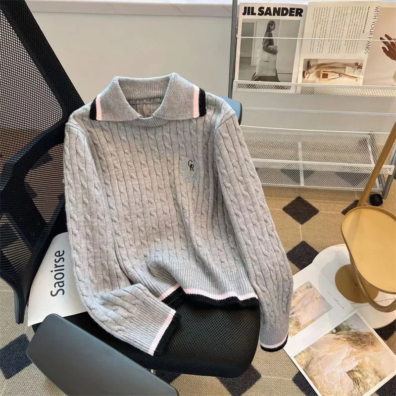 

New Knitted Sweater Women Vintage Preppy Style Lapel Long Sleeve Embroidery Twist Pullover Fake Two-Piece Tops Harajuku Japanese