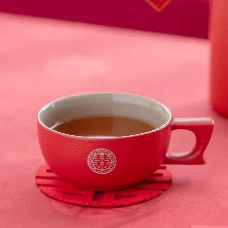 Red joy Tea Cup set for bride, wedding, living room, new
