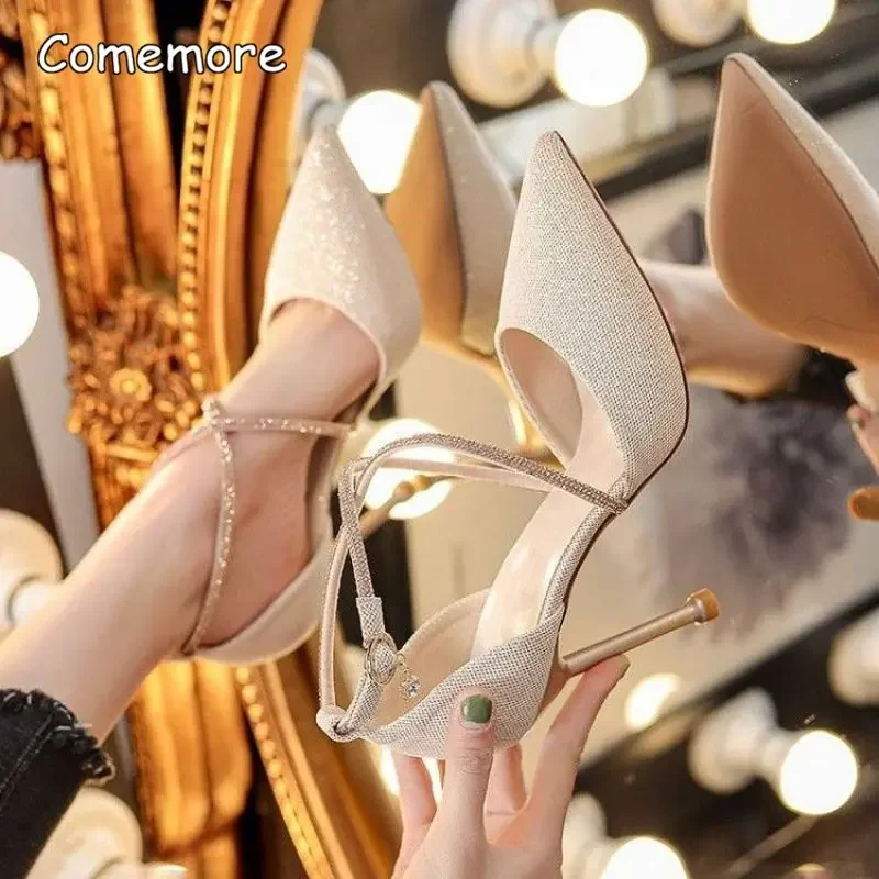 Comemore 2025 여름 여성 섹시한 스틸레토 하이힐 펌프 숙녀 패션 지적 발가락 파티 신발 웨딩 여성을위한 블랙 신발 33