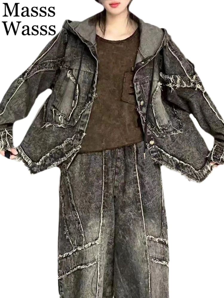 

Masss Wasss Fall Fashion Denim Outfits 2023 Womens Vintage Two Pieces Sets Hooded Loose Jackets Classic Punk Jeans Casual Pants