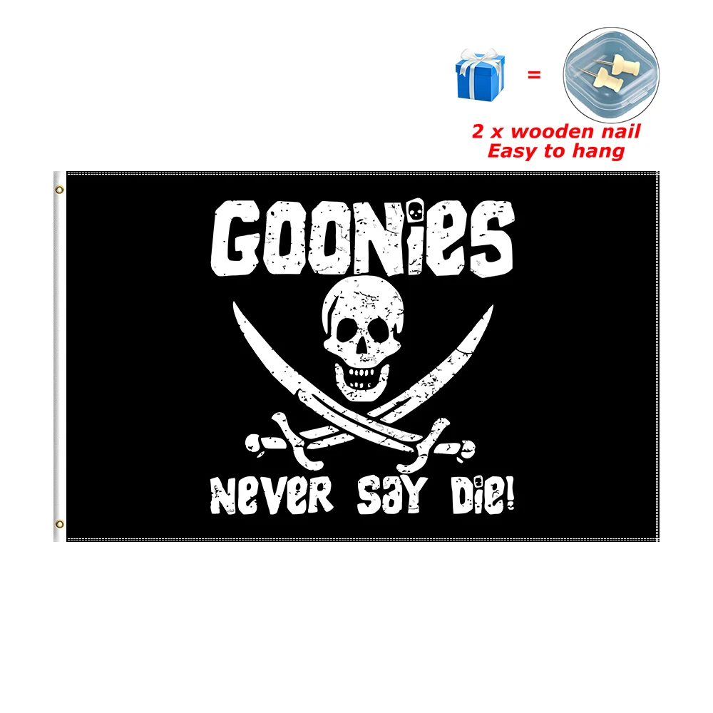 

Never Say Die Goonies Pirate Flag Calico Jack Rackham Jolly Roger Banner for Decor 2*3ft 3*5ft 4*6ft 5*8ft