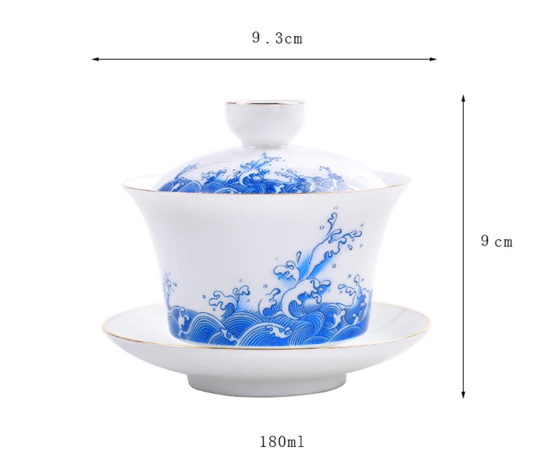 Hand Painted Porcelain Gaiwan Tureen   180ml White Gold Jingdezhen Japanese Te Cup Tibetan Bowl Soup With Lid and Saucer Tea Cups Chinese Ceramics The Great Wave