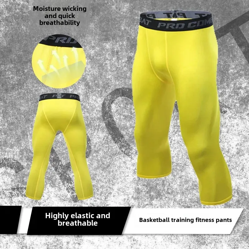 Men's Sports Leggings High Elasticity Quick Dry 7/9 Length Basketball Fitness Running Training Compression Base Pants Summer