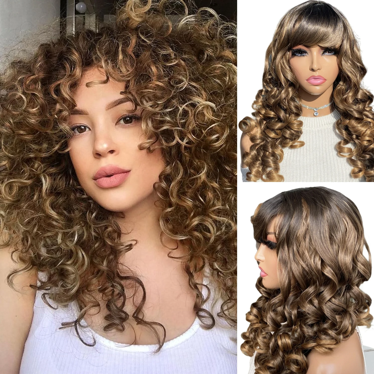 

Blonde Curly Synthetic Wig Long Curly Wigs with Bangs for Women Synthetic Hair Wig Vintage Hairstyle for Daily Use Party Cosplay