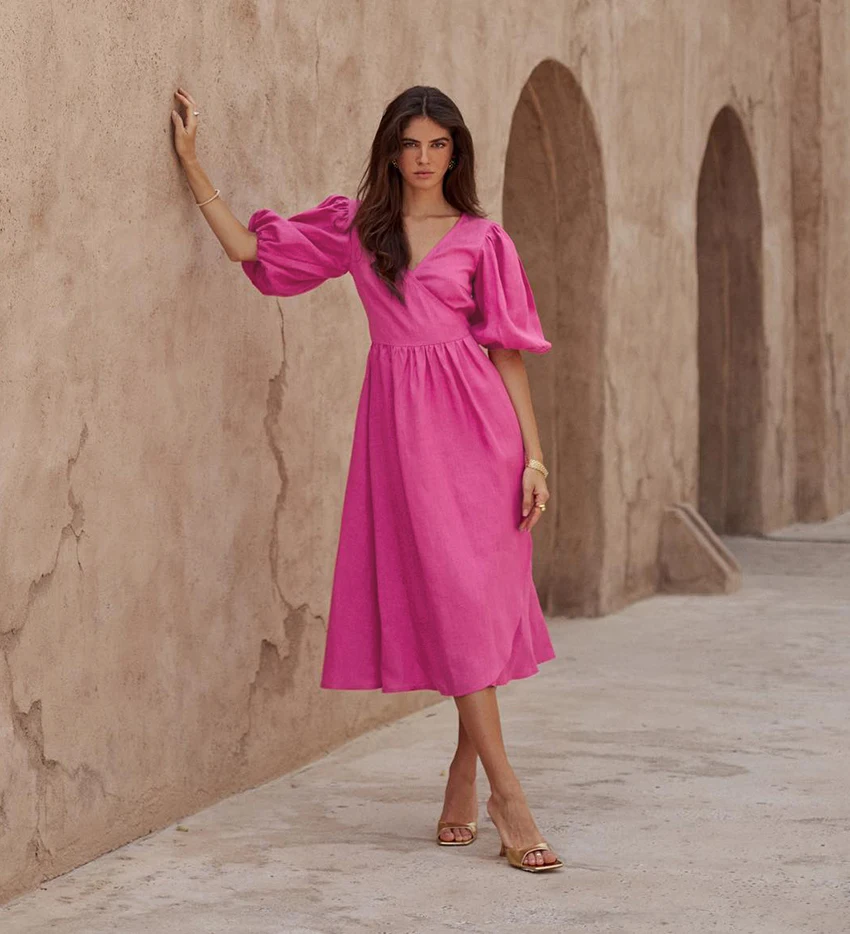 V-Neck Long Wrap Midi Dress