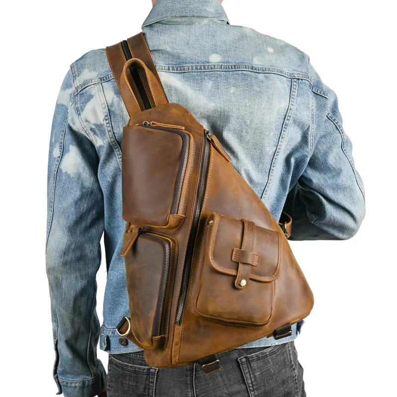 Vintage Crazy Horse Leather Backpack for Men Large Cowhide Rucksack with Multiple Pockets, Retro Travel Bag