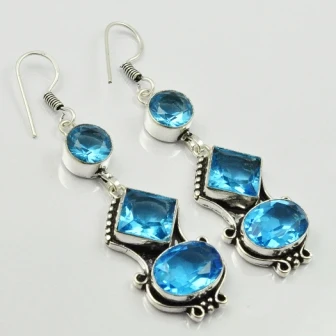 Blue Topas ,  Silvers Overlay On Copper Earrings, 65 Mm , E2080