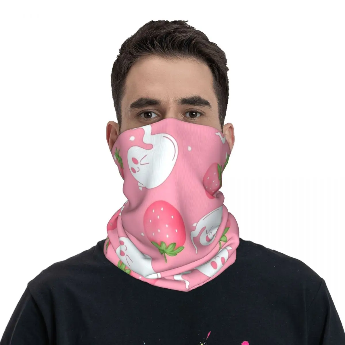 

Pink Strawberry Ghost Print Bandana Neck Cover Printed Cute Halloween Wrap Scarf Warm Cycling Hiking Outdoor Adult Windproof