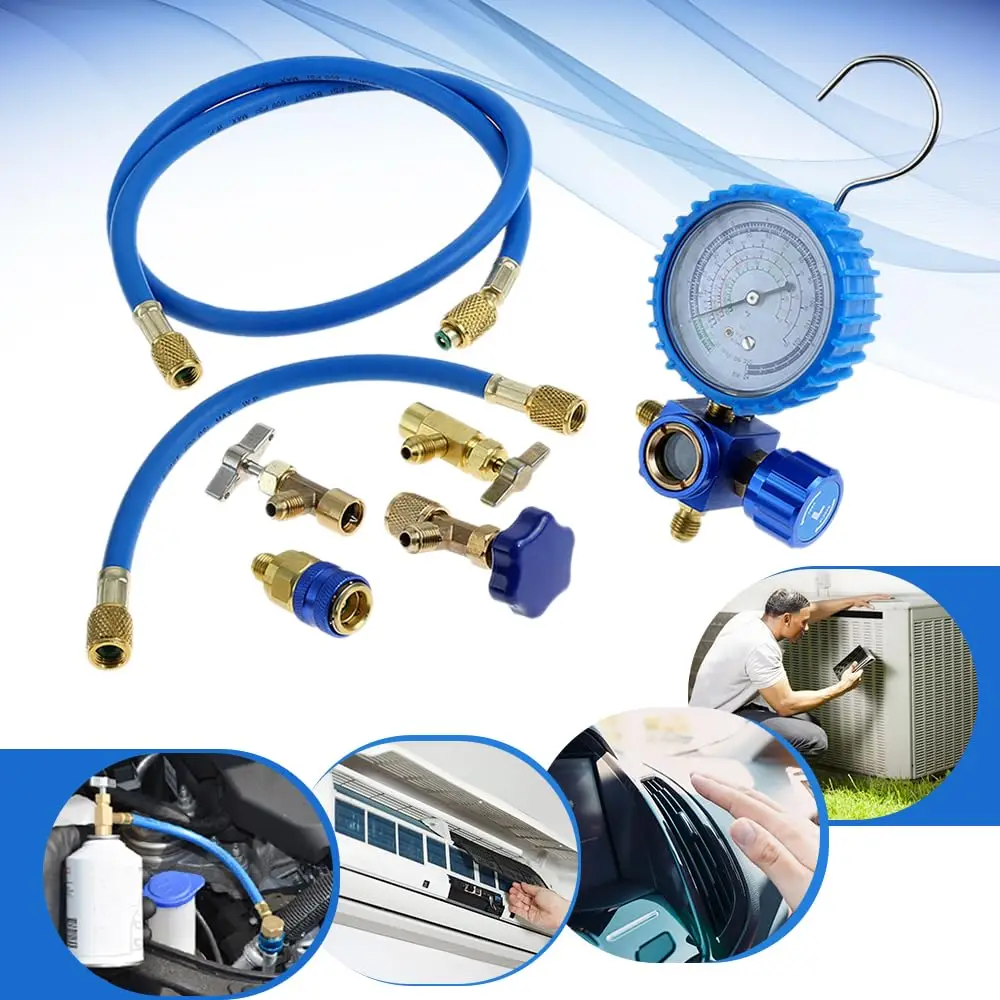 R134A Recharge Hose Kit R410A R134A R22 AC Charging Manifold Gauge Set with Self-Sealing/Puncture Can Taps