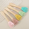2PCS Silicone Spoon Fork For Baby Utensils Set Baby Feeding Spoon Cutlery Food Grade Material Wooden Handle Spoon Baby Items 2