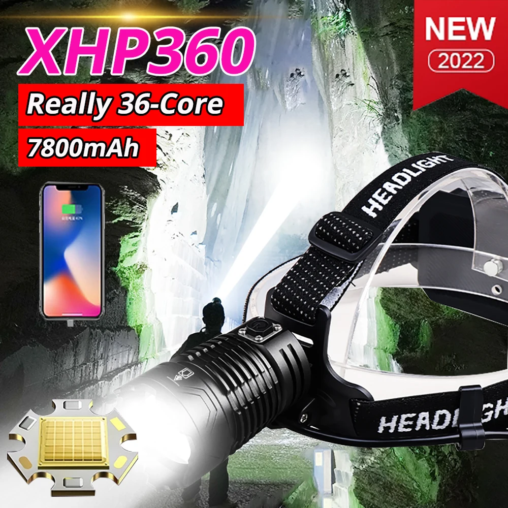 

Мощный светодиодный налобный фонарь XHP360, водонепроницаемый Головной фонарь с зарядкой от usb, суперъяркий фонарь для рыбалки, 880000000LM