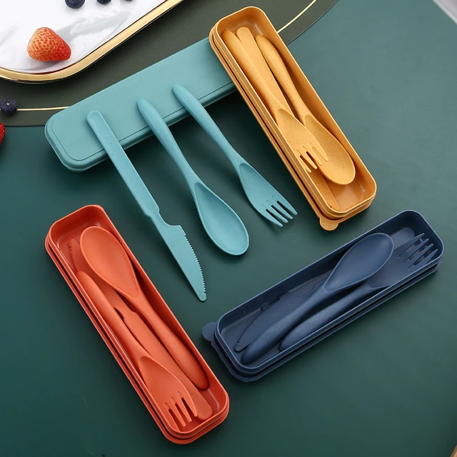 Reusable Utensil Set with Case,Travel Utensil with Chopsticks,Wheat Straw  Silverware Including Knife Spoon Fork 4 Sets for Travel Picnic Camping or