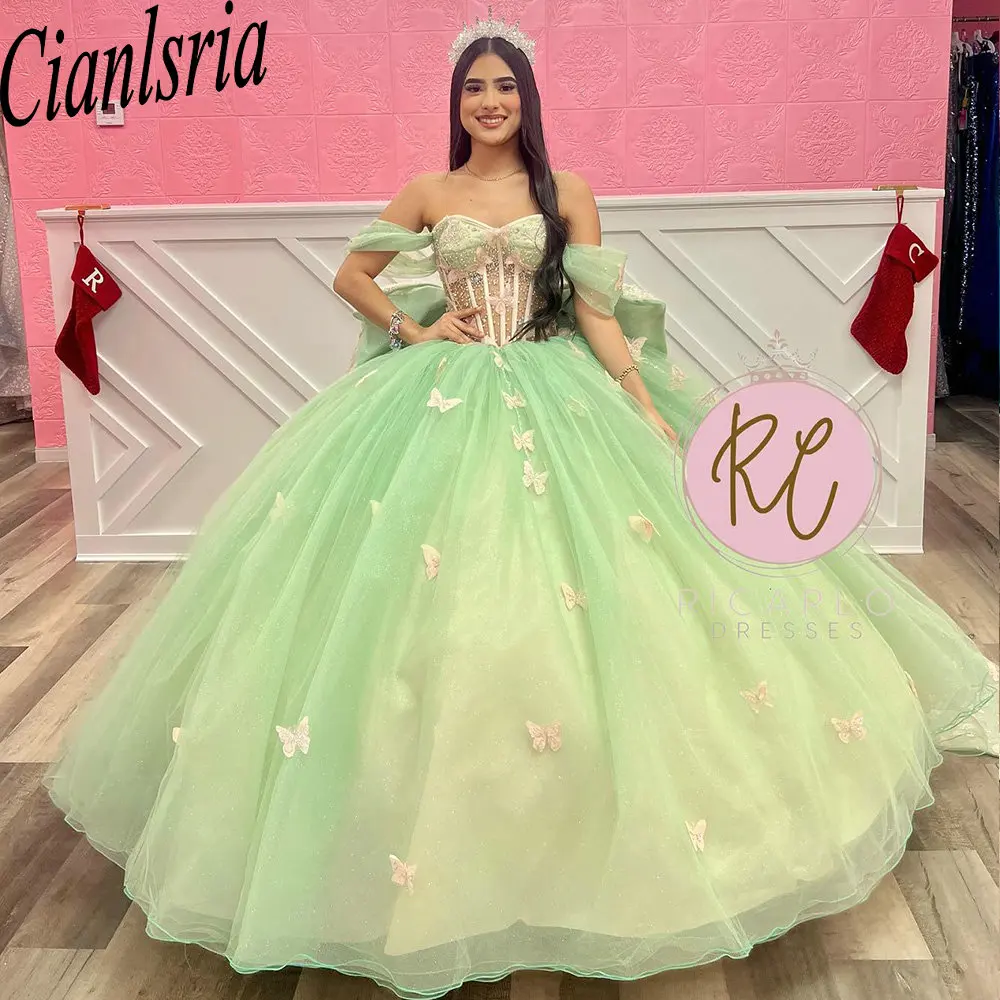 

Sage Green Beading Crystal 3D Butterfly Ball Gown Quinceanera Dresses Off The Shoulder Illusion Bow Corset Vestidos De 15 Años