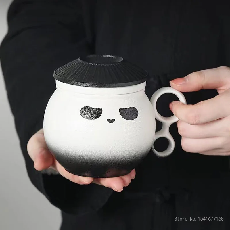 Chinese Style Creative High-end Cartoon Handle with lid Mug, Ceramic Home Office Supplies Tea Water Separation Cup Gift Box, 1Pc