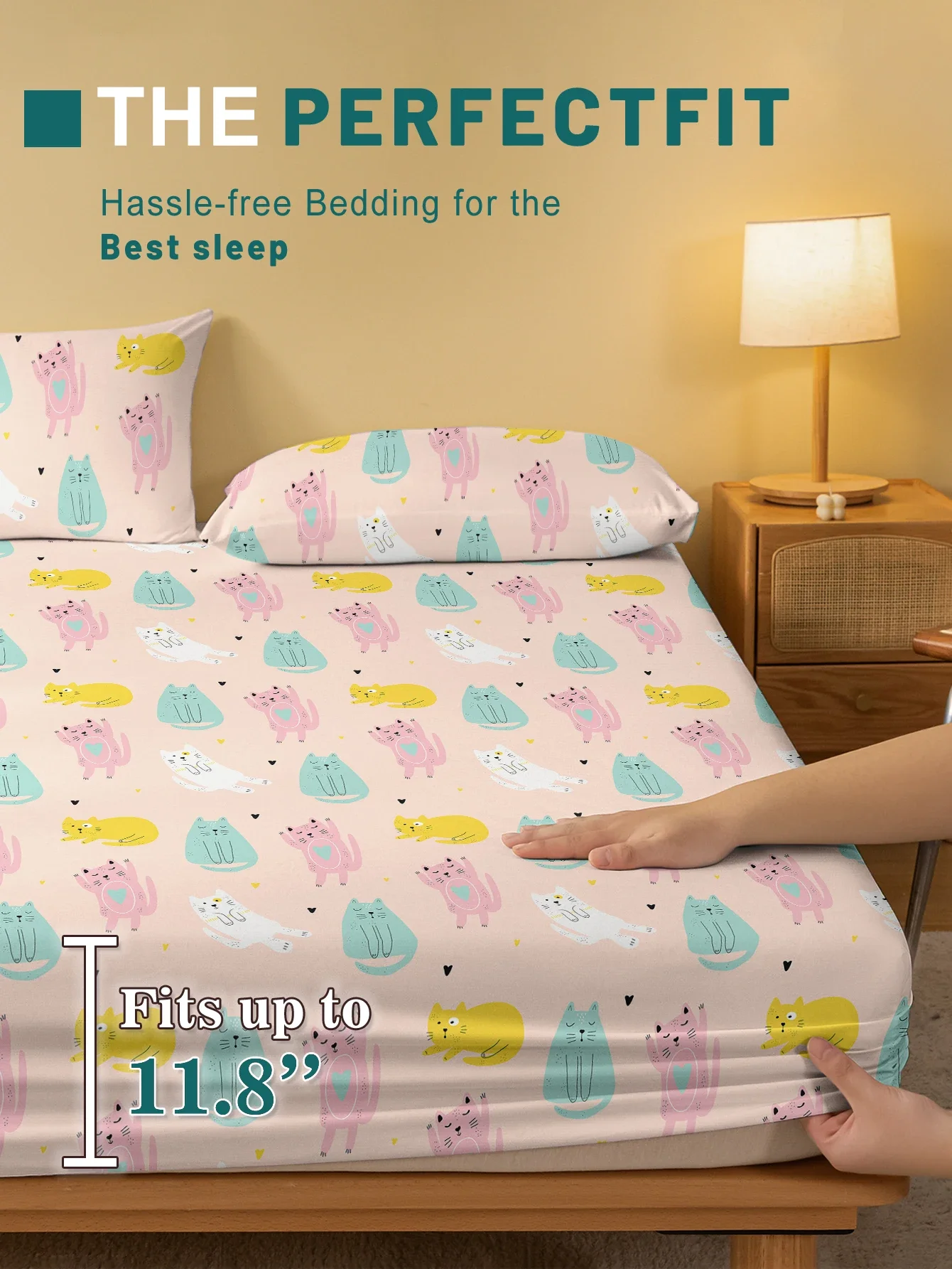 1 Cartoon Cute animal Cat Printed Matte Fitted Sheet, Bedroom Printed Bed Cover, Bedding (Excluding Pillowcases) 3