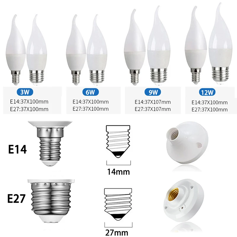 4pcs/배치 LED 전구 E14 E27 LED 조명 실내 따뜻한 차가운 흰색 빛 3W 6W 9W 12W AC220V LED 촛불 전구 홈 장식 펜던트 조명