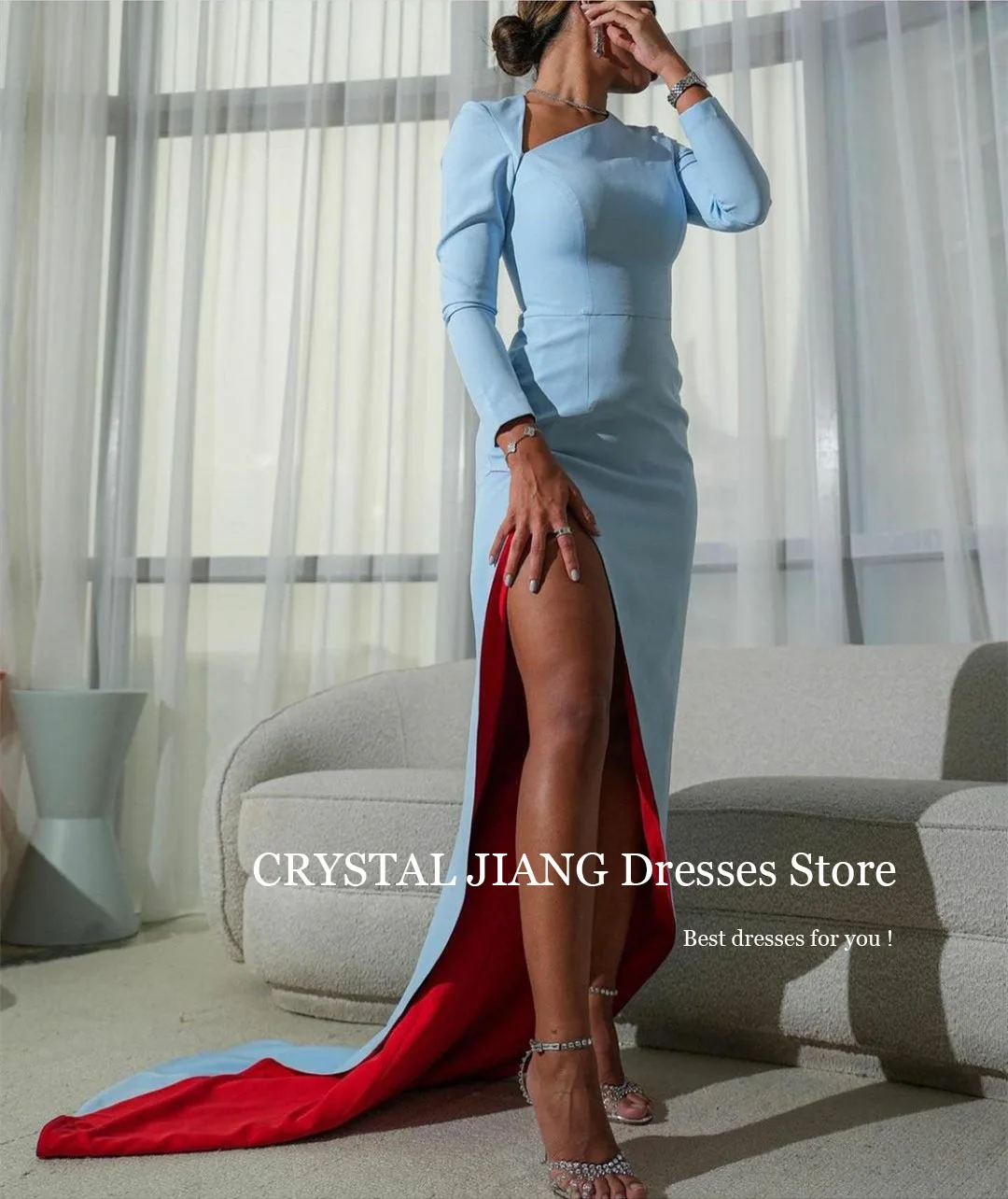 

Sexy Long Crepe Blue Prom Dress With Slit Full Sleeves Mermaid Pleat Sweep Train Vestido De Fiesta Elegante Para Mujer 2023