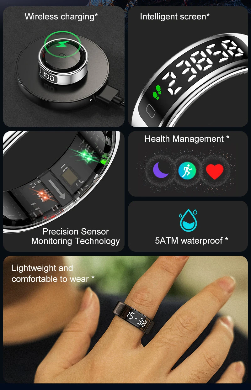 R12 Smart Ring Touch Screen Health Manager Heart Rate/Blood Oxygen Monitor Wireless Charging Waterproof for Universal