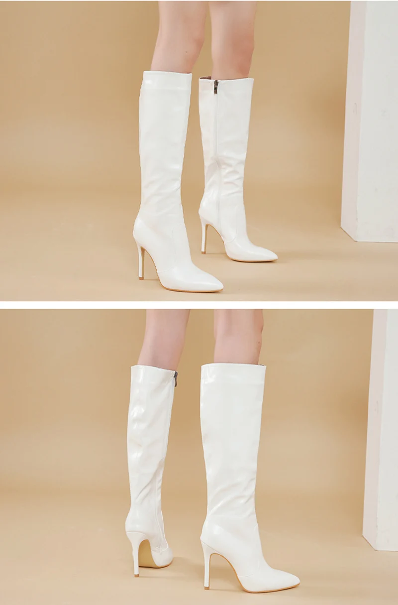 Liyke 2026 Sexy Pointed Toe Pole Dance Stiletto Heels Knee High Boots Fashion Zip Black White Women Long Shoes Botas Altas Mujer